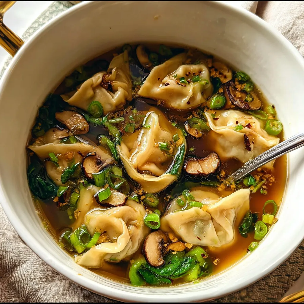 Authentic Asian Dumpling and Mushroom Soup with Fresh Aromatics - main view